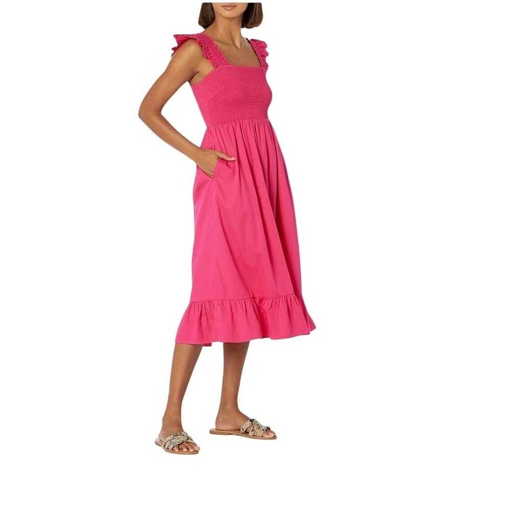 NWT The Drop Pink Women's Kimi Ruffled Shoulder‎ Smocked Midi Dress Pockets Med